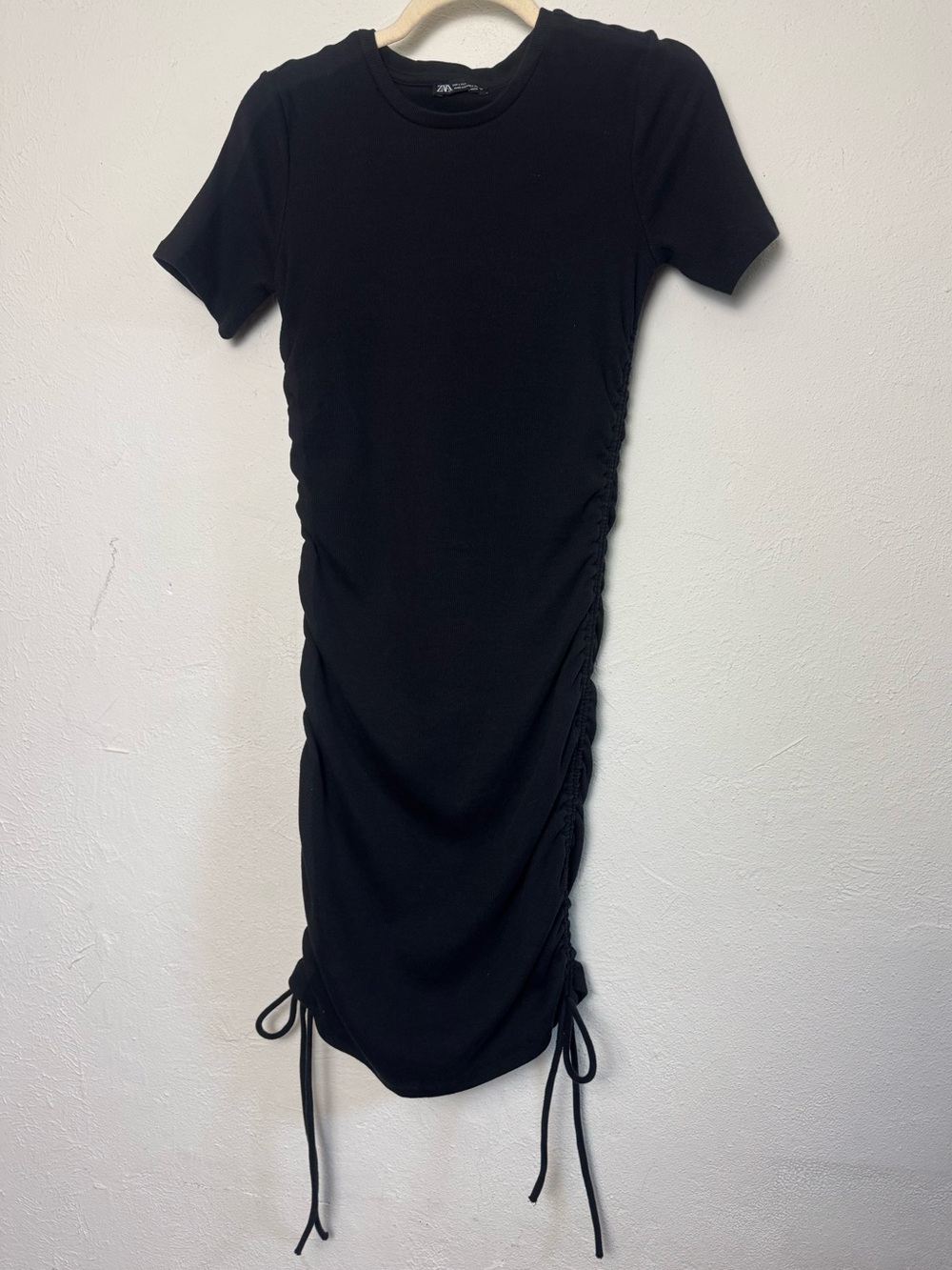 ZARA Black Ribbed Ruched Midi TShirt Bodycon Dress